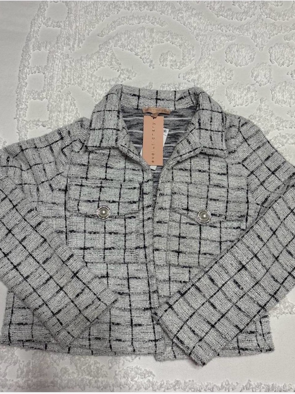 Light Gray Plaid Tweed Blazer Jacket with Pearl-Accent Pockets